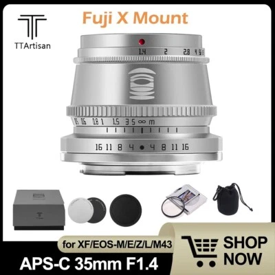 TTArtisan 35mm F1.4 APS-C Lens Silver for Fuji Fujifilm X-Mount X-A1 X-A10 X-A2 - Image 1 of 4