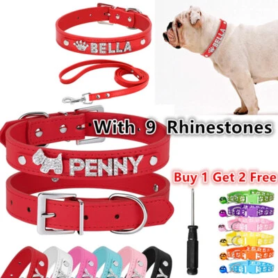 Collar Personalizado Perro Gato Hágalo Usted Mismo Nombre Letra Pequeña Mascota Cachorro Bling Collar de Cuero Foto 1 de 4