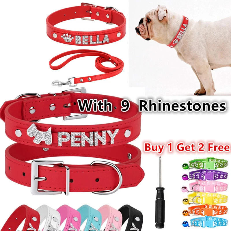 Collar Personalizado Perro Gato Hágalo Usted Mismo Nombre Letra Pequeña Mascota Cachorro Bling Collar de Cuero Foto 1 de 4