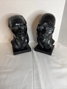 Vintage African Art Sculptures Fred Press MALE FEMALE African Busts Bookends Set - Picture 1 of 15
