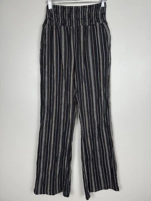 Billabong Striped Smocked Waist Boho Wide Leg Pants Black M Beachy Vibes - Image 1 of 4