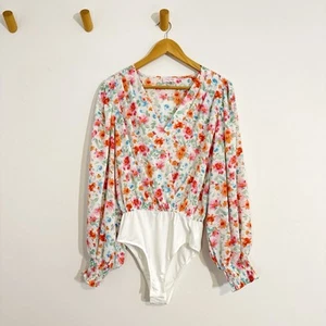 Pink Lily Floral Happy Always White Pink Surplice V-Neck Bodysuit Blouse Small - Picture 1 of 12
