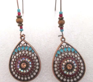 2 3/4" Dangle Earring 7/8" Teardrop in Gold Tone Blue Brown Rhinestone on Hooks - Picture 1 of 4