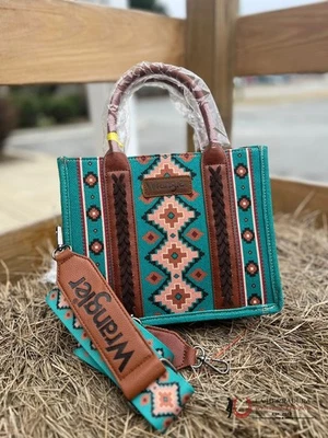 NEW - Wrangler Southwestern Aztec Print Canvas Tote Crossbody Bag Turquoise - Image 1 of 4