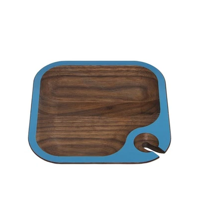 David Rasmussen Design 6.5" Walnut Wood Hors d'Oeuvres Party Tray Blue Trim - Image 1 of 3