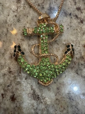 BETSEY JOHNSON LARGE GREEN ANCHOR SEA TREASURE CRYSTAL PENDANT NECKLACE NWT - Image 1 of 4