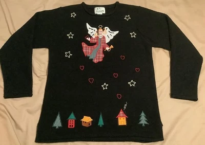 Quacker Factory Christmas Angel Sweater Womens S Black - Image 1 of 4