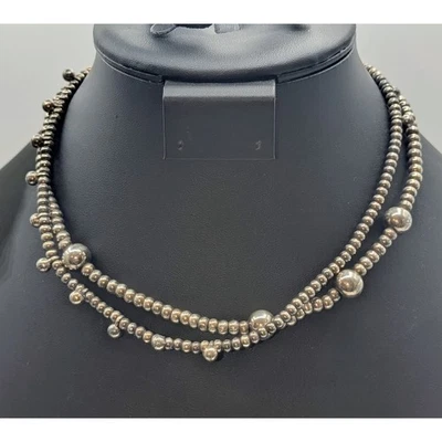 Collar Uno de 50 Doble Hilo Plateado Cuentas Cuero Cordón 17"  Foto 1 de 4