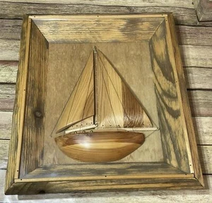 Sailboat Wooden Handmade Framed Nautical Decor Folk Art Beach Core Lake - Picture 1 of 8