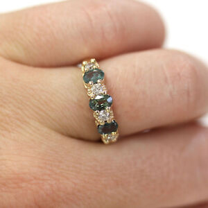 1 ctw Natural Real Alexandrite & Diamond Solid 14k Yellow Gold 7 Stone Band Ring