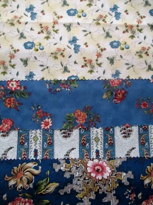 Fabric Red Rooster "Floral Blues" Flowers of Red Coral Blue on Blue $3.75 - Image 1 of 4