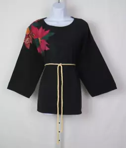 TUNICA SMOCK TOP BOHO HIPPIE VINTAGE ANNI 70 80 MOGLIE DI ALFREDO COTONE NERO TOPI FLOREALI - Foto 1 di 15