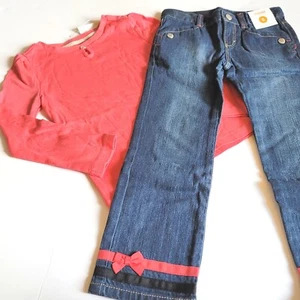 Gymboree Girls 5 "Purrfectly Fabulous" Coral Solid Tee Ribbon Cuff Jeans Set NWT - Picture 1 of 4
