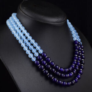 496 Cts Natural 3 Strand Amethyst & Chalcedony Beads Womens Necklace JK 34E394