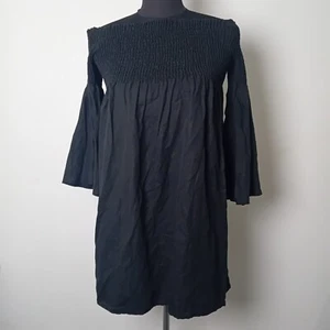 Zara Womens Off The Shoulder Smocked Black Mini Dress Pleated Bell Sleeve M - Picture 1 of 14