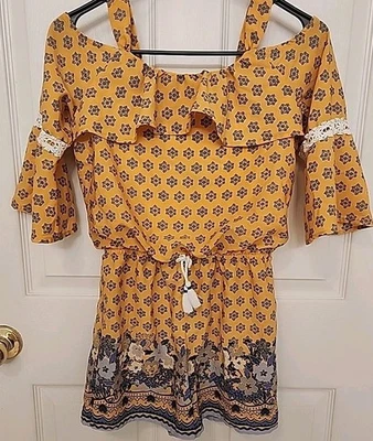 EUC My Michelle Girl's Fancy Dress, Sz L Hi Peek a Boo sleeve Yellow/ Blue print - Image 1 of 4