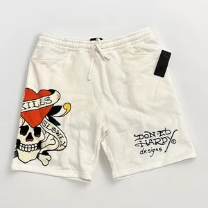 Ed Hardy Fleece Shorts Mens Large "Love Kills Slowly" Skull Graphic Print Ivory - Picture 1 of 8