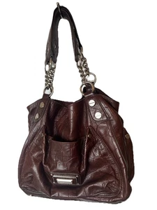 B. Makowsky Schultertasche braun Kroko-Prägung Leder Silber Ring Hardware - Bild 1 von 19
