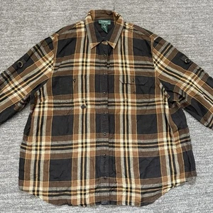 Vintage Lauren Ralph Lauren Shirt Women 2X Plus Brown Linen Utility Adjustable - Picture 1 of 10