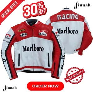 Marlboro Racing Leather Jacket Red White Cowhide Biker Style Motorcycle - Picture 1 of 5