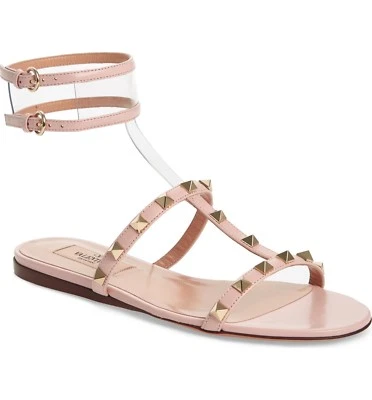 Sandalia Plana Gladiador Correa Tobillo Valentino Moonwalk Rockstud Rosa Agua 39-8US Foto 1 de 4