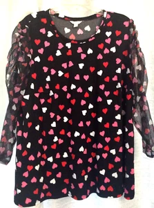 Women's Sz 18/20 Blouse Allover Hearts Tunic Top Sheer Ruched Sleeves Shirt LOVE - Picture 1 of 9