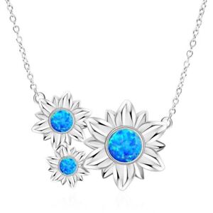 Hawaii Blue Fire Opal Sun Flower Necklace Pendant  Silver Filled For Women Girls