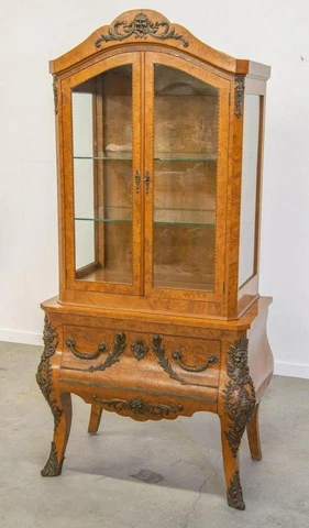 French Antique Display Cabinet/Bookcase, Inlaid Burl Walnut with Bronze Hardware Cover