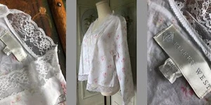 EILEEN WEST LACE-EDGED WHITE PINK FLOWER-PRINT DOTS ALL COTTON BED JACKET L EUC - Picture 1 of 9
