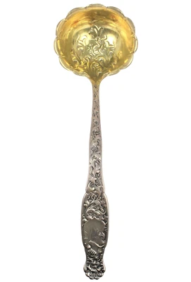 Cucharón para servir sopa maciza de plata esterlina Whiting lavado dorado 13 1/8" mono Foto 1 de 4