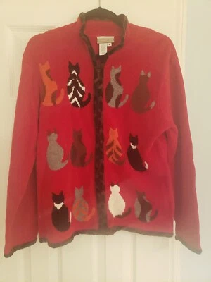 Cárdigan Suéter Coldwater Creek M Rojo Chenille Cremallera Completa Gato Loco Dama Arte En muy buena condición Foto 1 de 4
