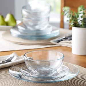 Modern Round Clear Glass Dinnerware Set Dinner & Salad Plates Bowls 12-Pieces - Picture 1 of 12