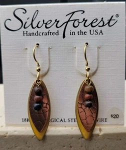 Silver Forest Earrings USA Pattern Teardrop Yellow Enamel & Copper & Wood Beads - Picture 1 of 5