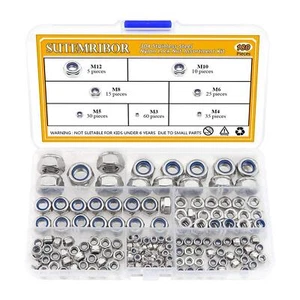 304 Stainless Steel Lock Nut Assortment 180 Pieces, M3 M4 M5 M6 M8 M10 Silver - Picture 1 of 8
