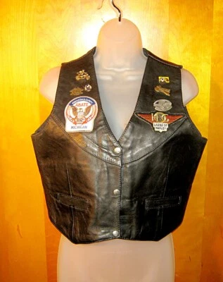 Vintage UNIK Black Leather WOMANS MOTORCYCLE VEST Harley Davidson Patches & Pins - Image 1 of 4