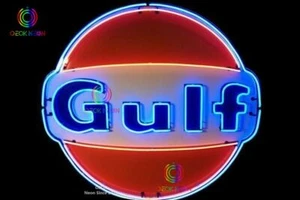 24" Gulf Dealer Gas Oil Pump Station Gasoline Motor Real Neon Sign Beer Light - Picture 1 of 4