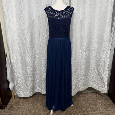 Davids bridal Navi blue maxi long round neck size 8 formal lace floral dress - Image 1 of 4