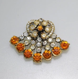 Vtg Brooch harvest Rhinestone  amber orange gold tone  RB14 - Picture 1 of 7