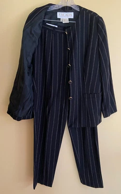 TRAJE PANTALÓN ESCADA VINTAGE LANA CLARA EN NEGRO PATRÓN RAYAS 44 12 ALEMANIA Foto 1 de 4