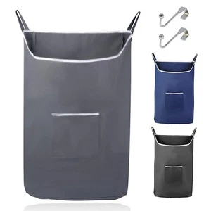 Hanging Laundry Hamper Bag Over Door Hamper Grey w/ Hooks & Adhesive Space Saver - Picture 1 of 7