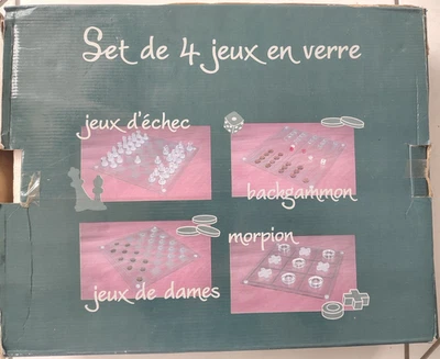 Set de 4 jeux en verre Echecs Dames Bachgammon Morpion complet - Photo 1/4