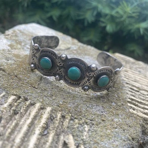 Vintage handgestempelt Sterlingsilber Türkis Inlay Navajo Armreif Armband - Bild 1 von 11