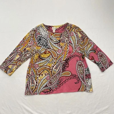 Chicos Top Womens Large 2 Pink Paisley 3/4 Sleeve Colorful Cotton Blend Boho - Image 1 of 4