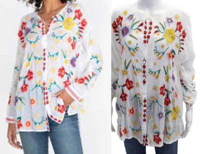 Johnny Was Airy White Texa Tunic XS B45" fit S,M? Floral Embroidery, Deep Slits - Image 1 of 4