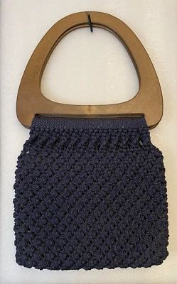 Vintage 70s style Macramé Purse Handbag Lined Bag Purse Wood Handles - Image 1 of 4