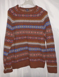 J Crew Brown Lambswool Knit Fair Isle Crew Neck Pullover Sweater Womens Size M - Picture 1 of 7