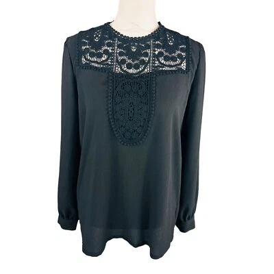 Pullover Halógeno Mujer Talla Mediana Bouse Negro Manga Larga Encaje Floral Crepé Foto 1 de 4