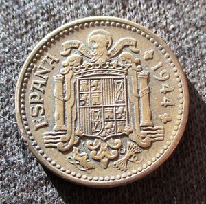 VECCHIA MONETA 1 PESETA 1944 DI SPAGNA GENERALE FRANCO ~ SECONDA GUERRA MONDIALE - Foto 1 di 2