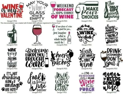 20 CITAS AMANTES DEL VINO DISEÑOS DE MÁQUINA DE BORDAR PES JEF HUS EXP DST en USB Foto 1 de 4