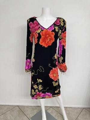 Leonard Paris Silk Jersey Dress Black W Bright Floral Print Vintage Fits M/L - Image 1 of 4